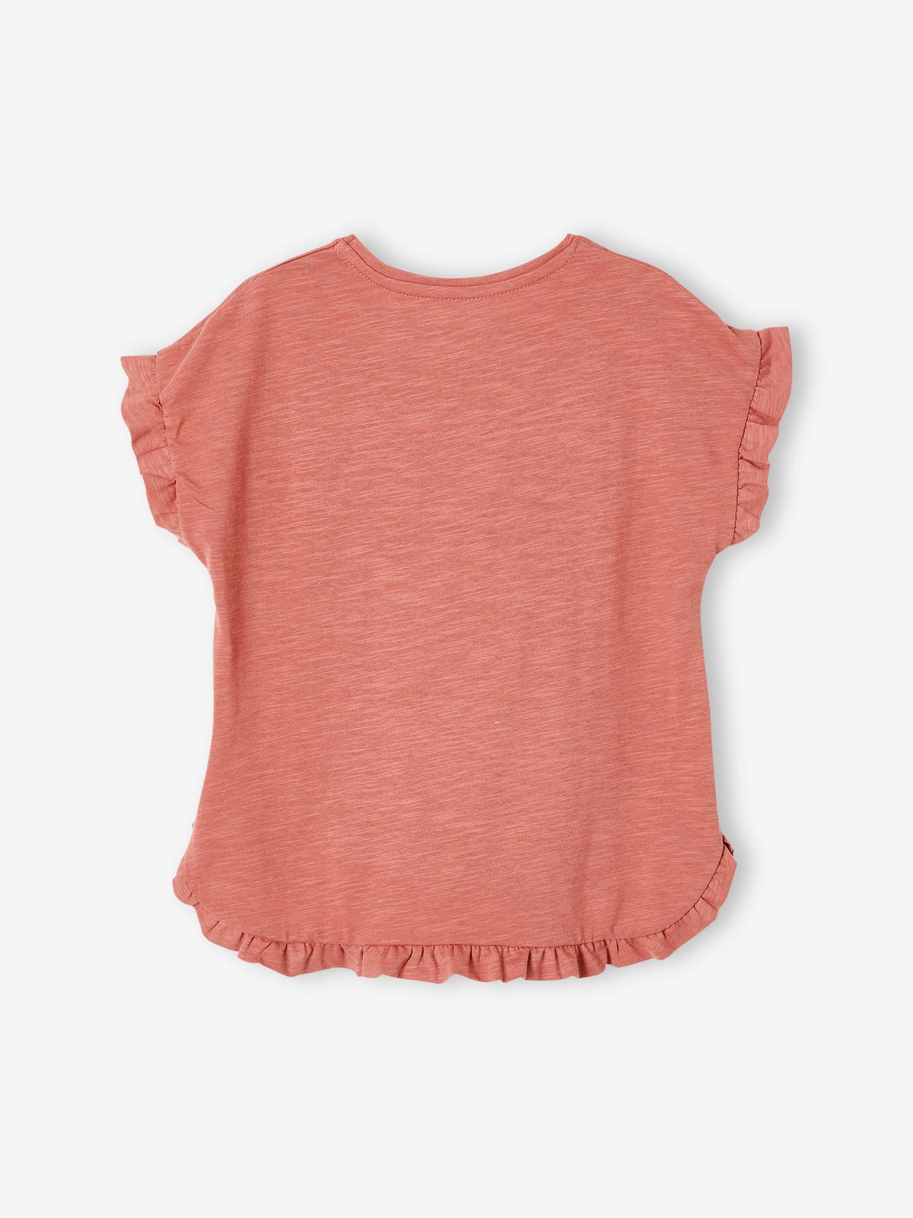 Camiseta com babados e aplicações de lantejoulas, para menina, na cor rosa antigo.