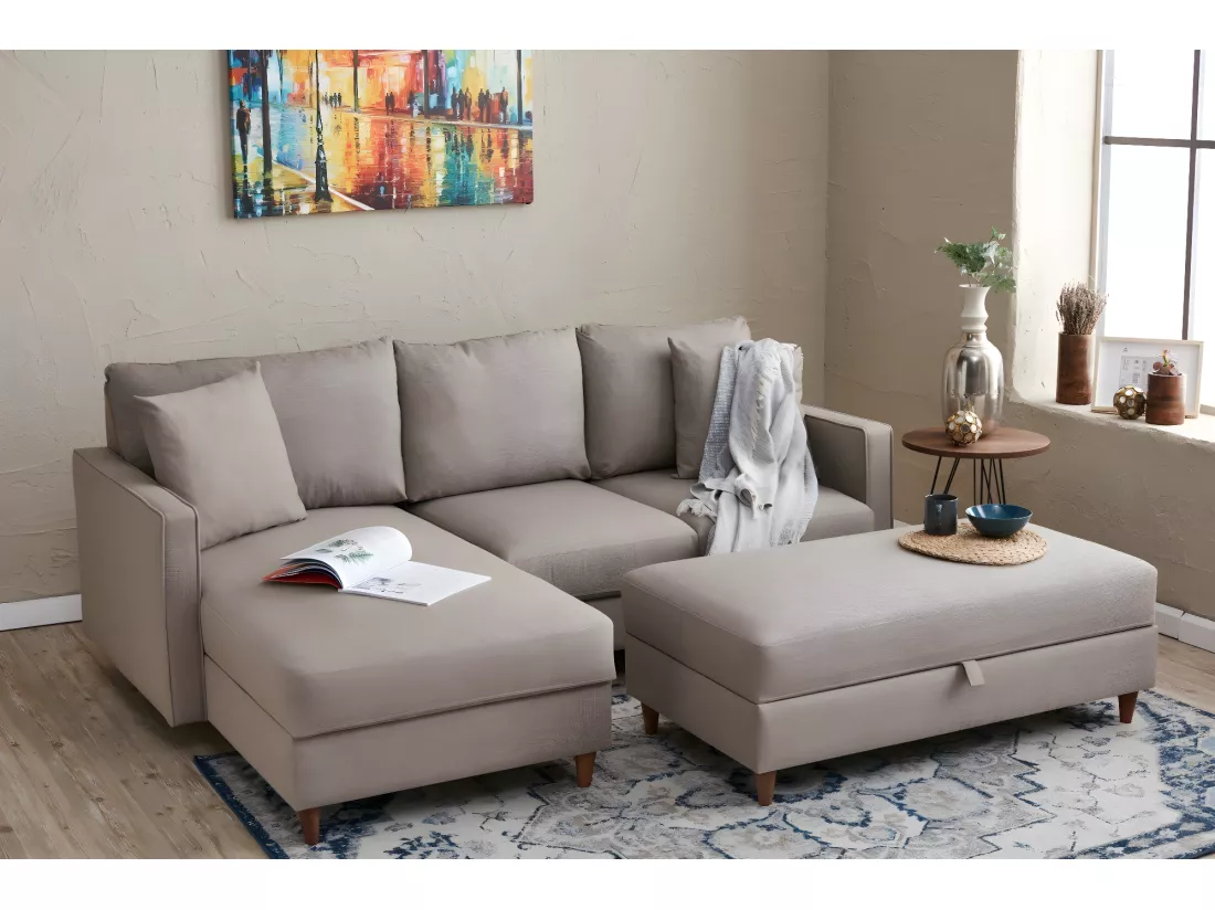 Canapé d'angle à gauche convertible avec pouf-coffre Evania Tissu Taupe