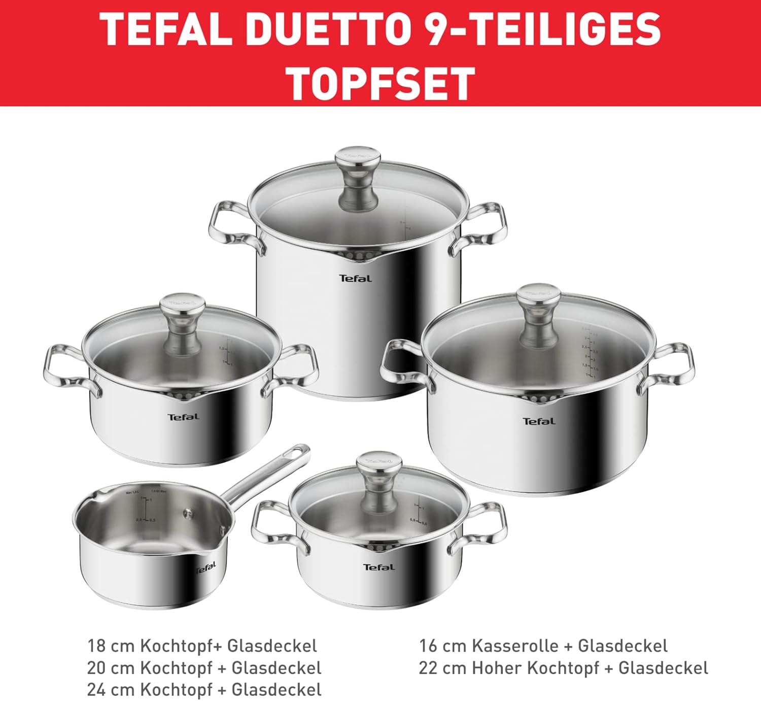 Tefal Duetto Topfset Induktion 9-teilig, robuster und hochwertiger Edelstahl, Induktions Töpfe Set mit Siebdeckel, backofengeeignet bis zu 260°C (ohne Deckel), für alle Herdarten geeignet, A705S9