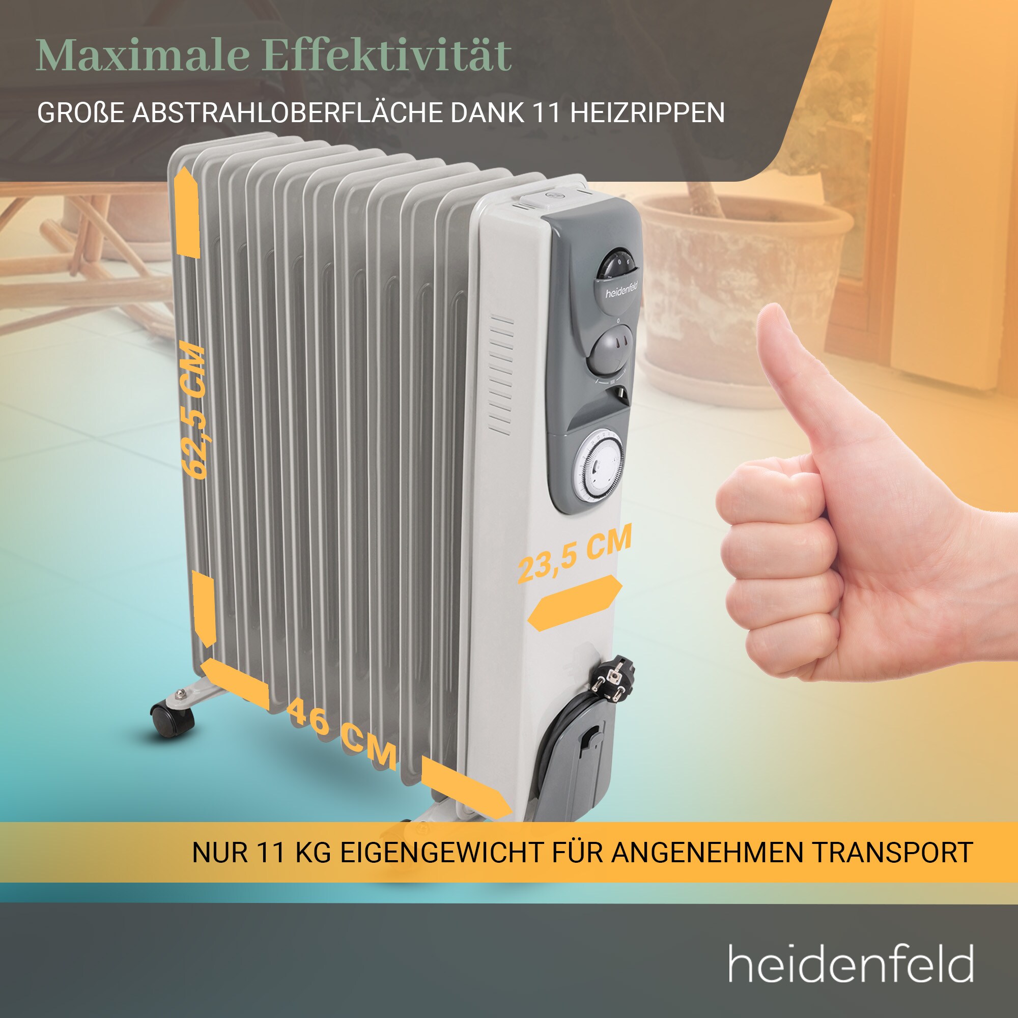 Heidenfeld Ölradiator ÖR200, Thermostat, Timerfunktion, 1000-2500 Watt, 6 Stufen, 3 Jahre Garantie