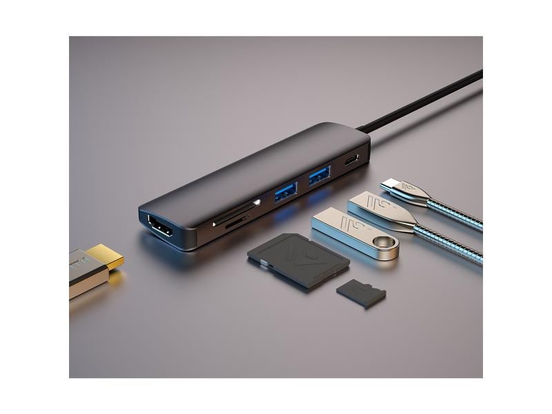4smarts Dockingstation 6in1 Hub USB-C – HDMI/USB-A/SD/PD Kompaktes USB-C-Dock für Notebooks und Mobilgeräte
