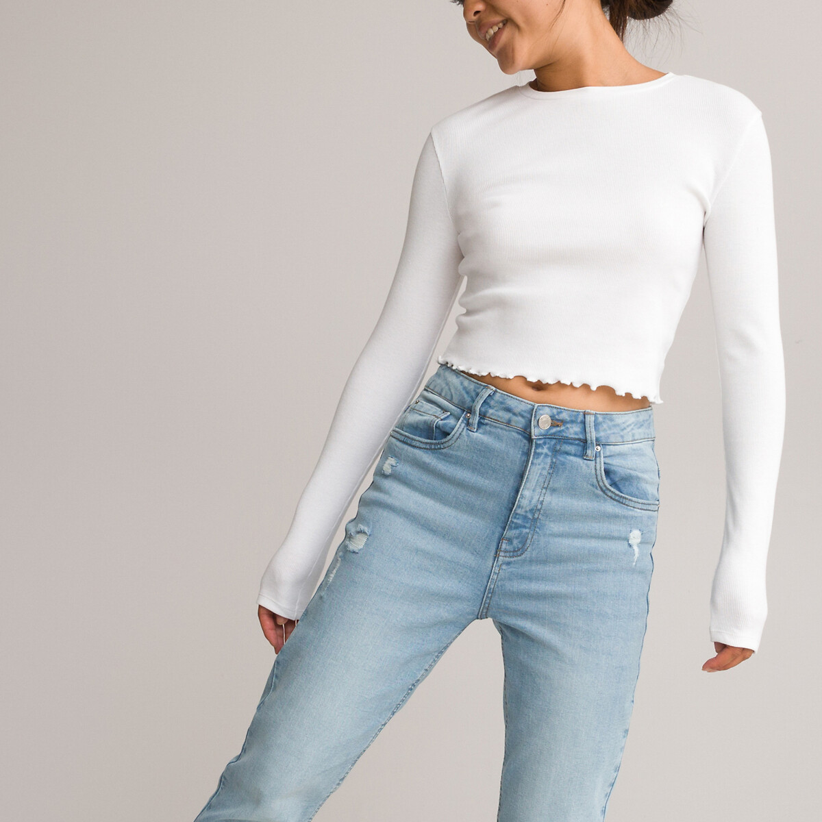 COLEÇÕES LA REDOUTE<br>Camiseta cropped em ribtricot, lange mouwen