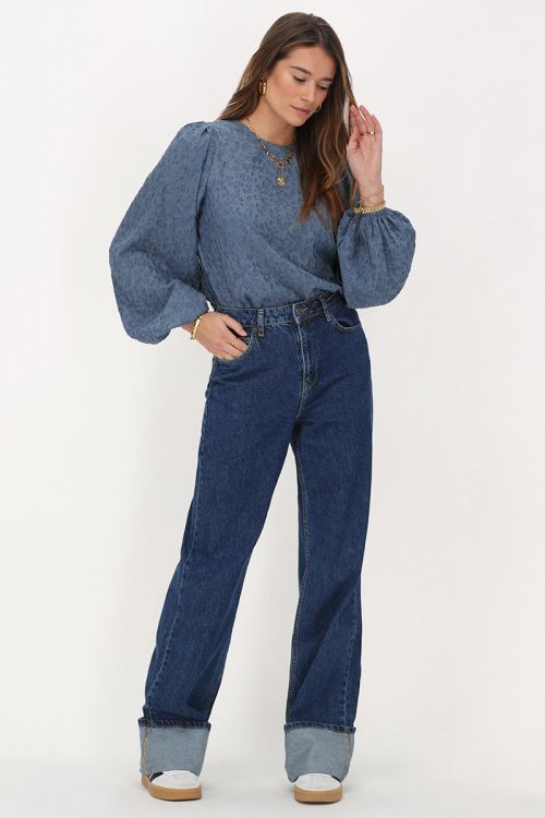 Blauwe chiffon top met pofmouwen