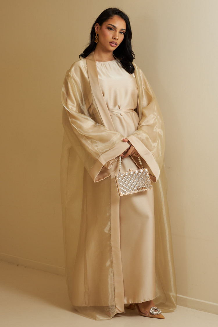 Ensemble 2 pièces abaya + kimono ceinturé beige