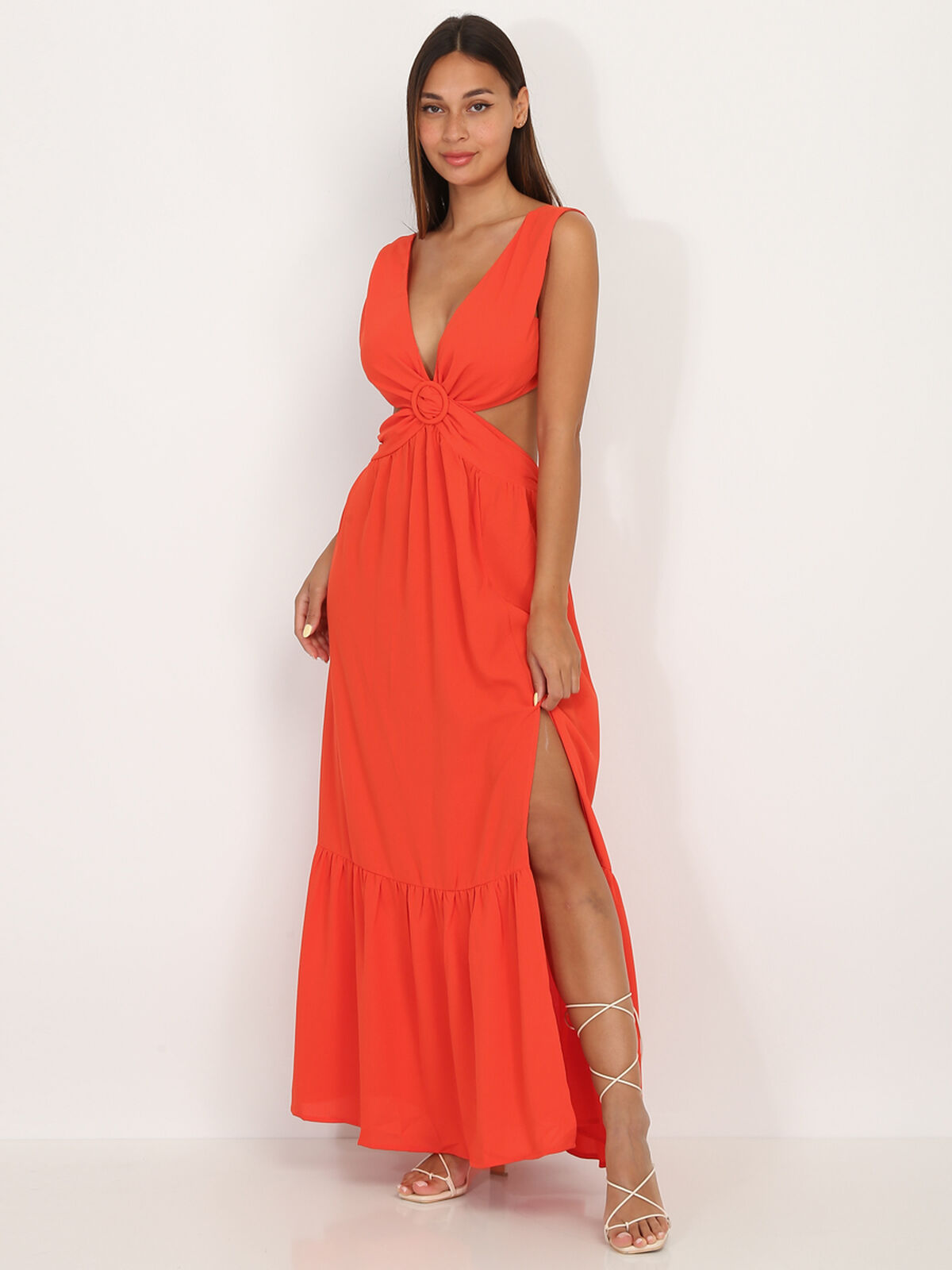 Robe longue cut out à fente- Rouge