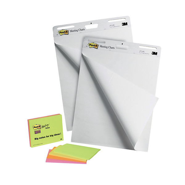 Post-it Recharge chevalet Meeting Charts papier autocollant blanc - L.63,5 x H.76,2 cm - Bloc de 30 feuilles - Lot de 2 + 4 meeting notes offertes