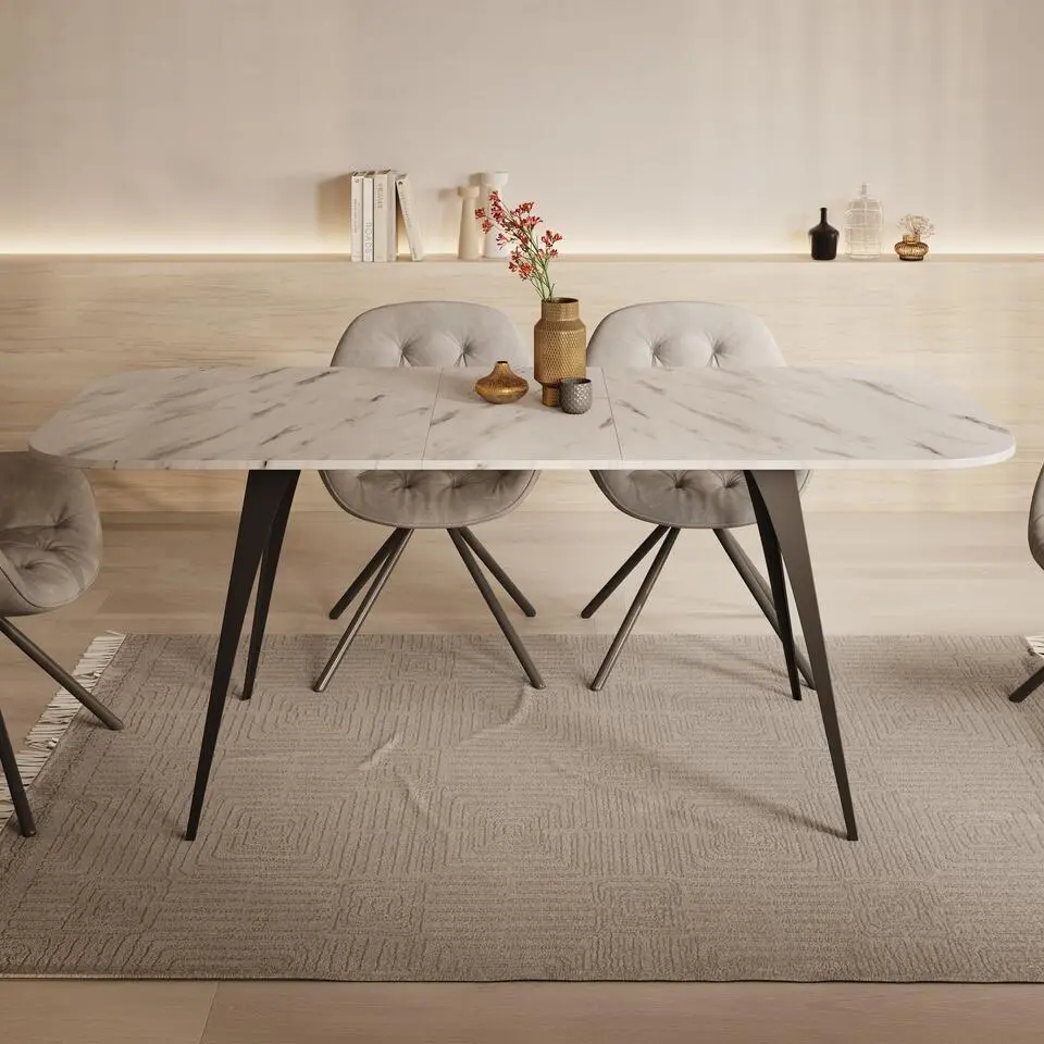 Meubella - Eetkamertafel Flix - Wit marmer - 160 cm - Uitschuifbaar