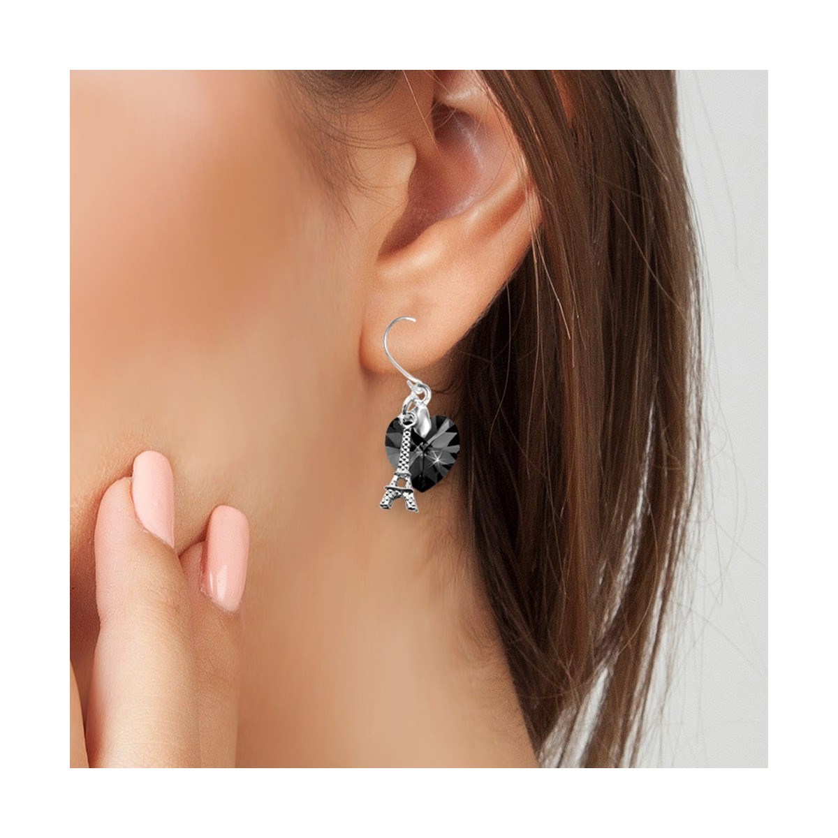 Boucles d'oreilles coeur noir et Tour Eiffel SC Crystal orné de Cristaux scintillants