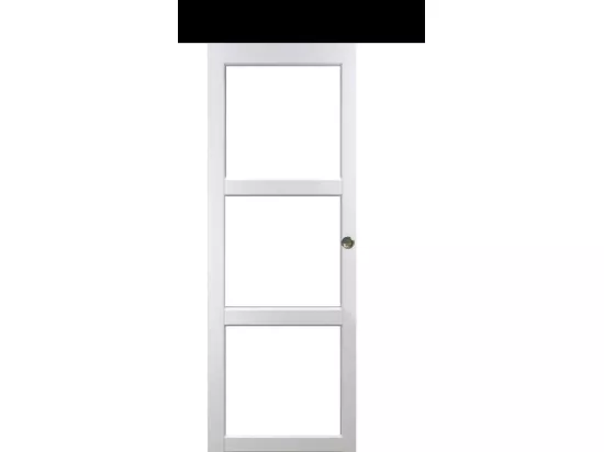 Porte Coulissante Kenya Blanc Vitrage Transparent H204 X L73 + Rail Alu Bandeau Noir Et 2 Coquilles Gd Menuiseries