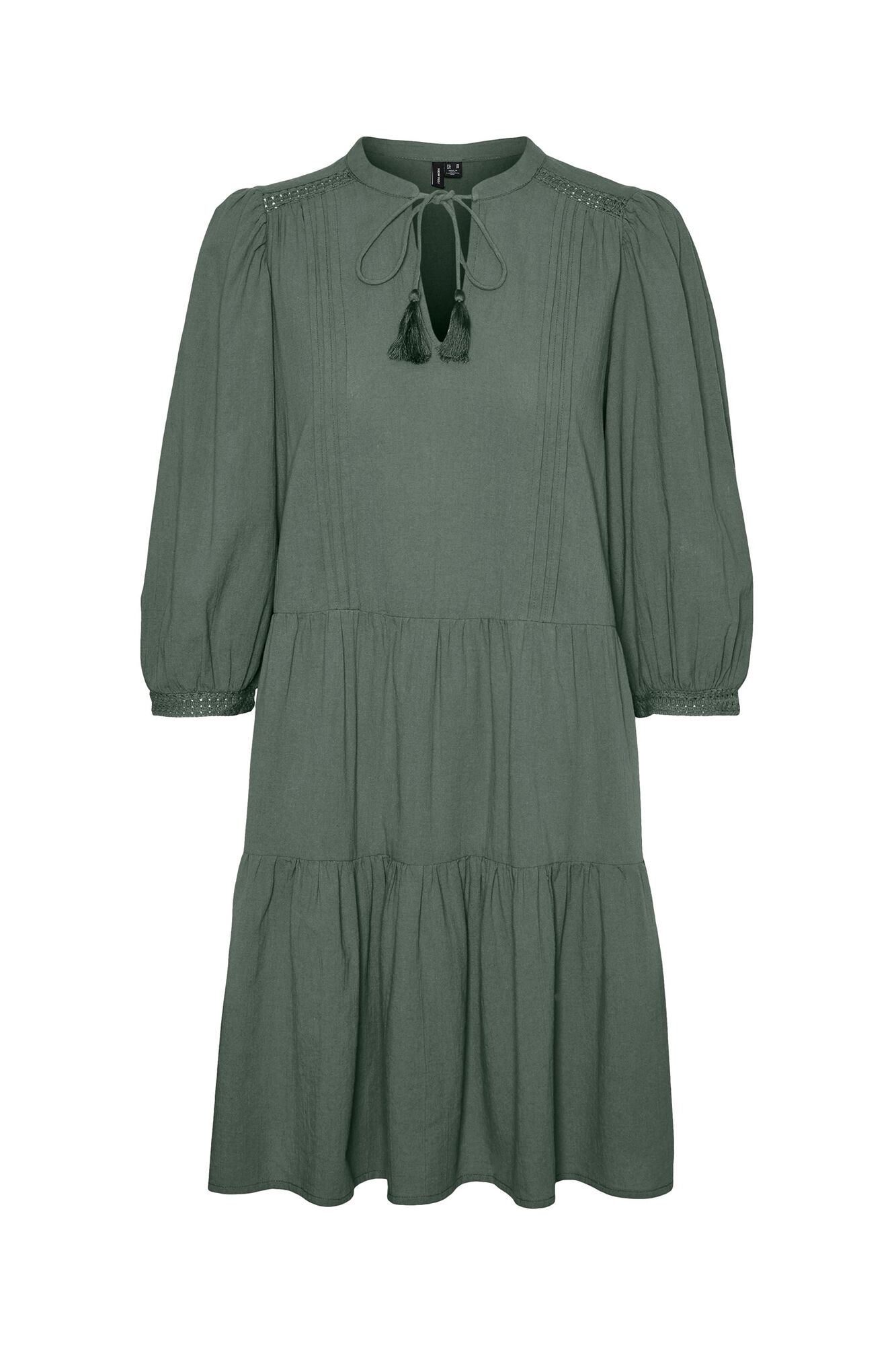 Vestido com mangas bufantes e fechamento com cordão no pescoço - Verde