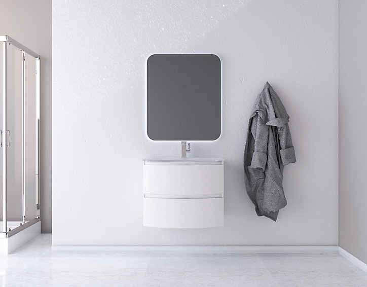 Ensemble Vague L.70 cm meuble sous vasque blanc mat à suspendre + plan vasque verre blanc