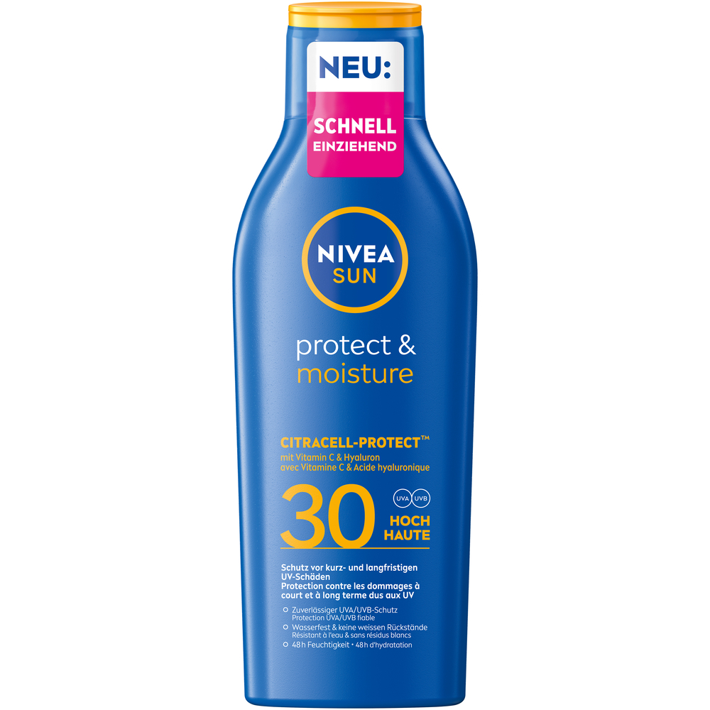 Nivea SUN Protect & Moisture Sonnenmilch<br>200 ml, Flasche, Milch, LSF30