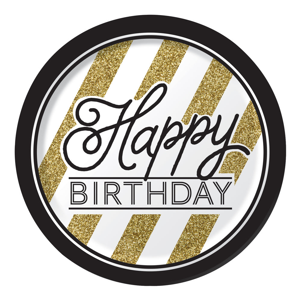 Zwart Gouden Happy Birthday Borden 22cm 8st
