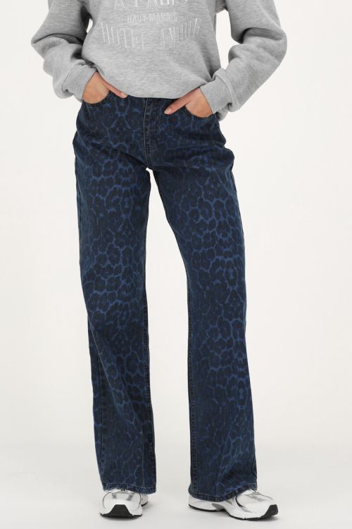 Blauwe denim jeans met panterprint