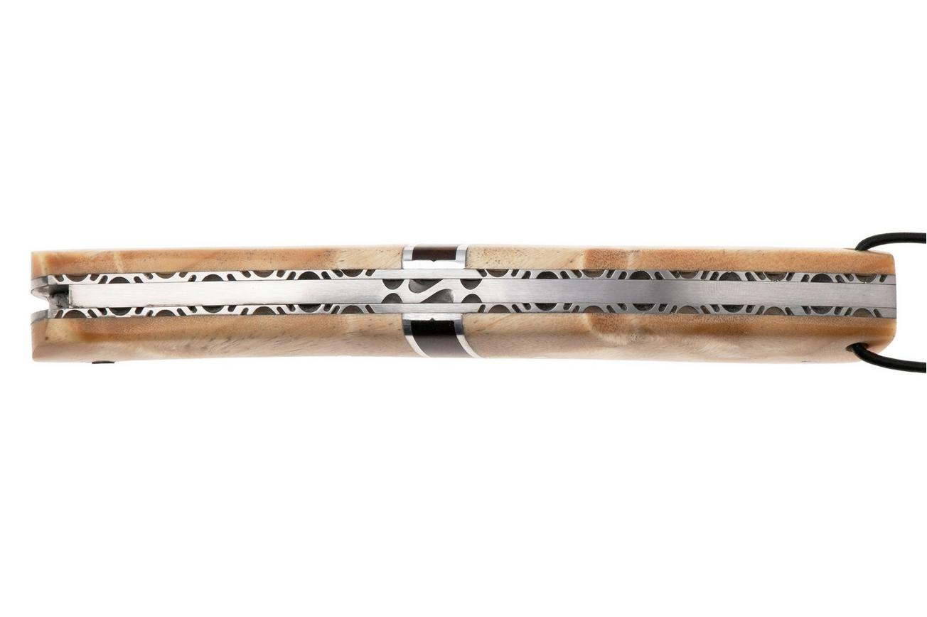 Laguiole en Aubrac Camembert Knife Poplar Wood, Amourrete Inlay, Balbach Damascus, handgevijld, zakmes, 11 cm