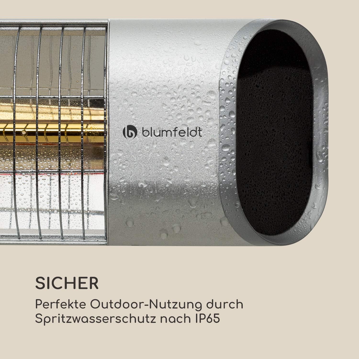 Blumfeldt Dark Wave Infrarotstrahler, Heizstrahler Terrasse, MinimalGlare Heating Tube: Goldbeschichtete Carbonröhre, 9 Heizstufen, Timer, IP65, LED-Display, Deckenheizstrahler mit 2000 W, silber