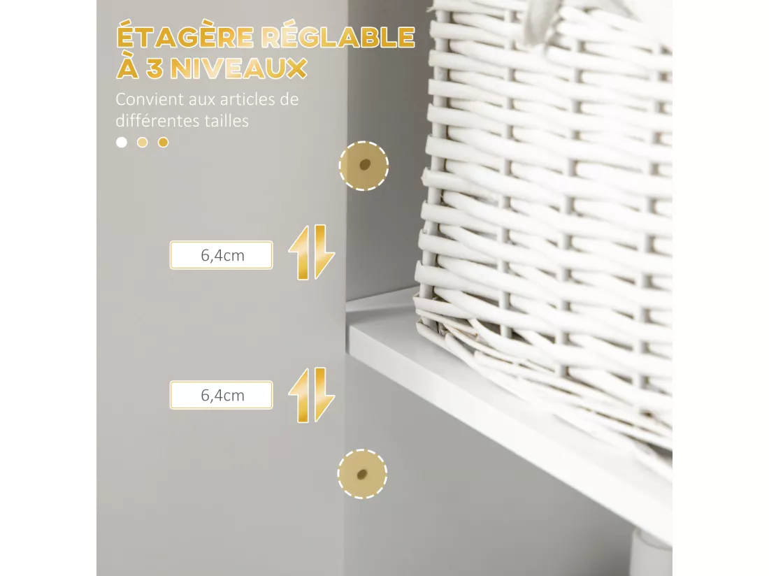 Meuble colonne rangement salle de bain design - 2 portes, 2 étagères, niche - acier doré MDF blanc