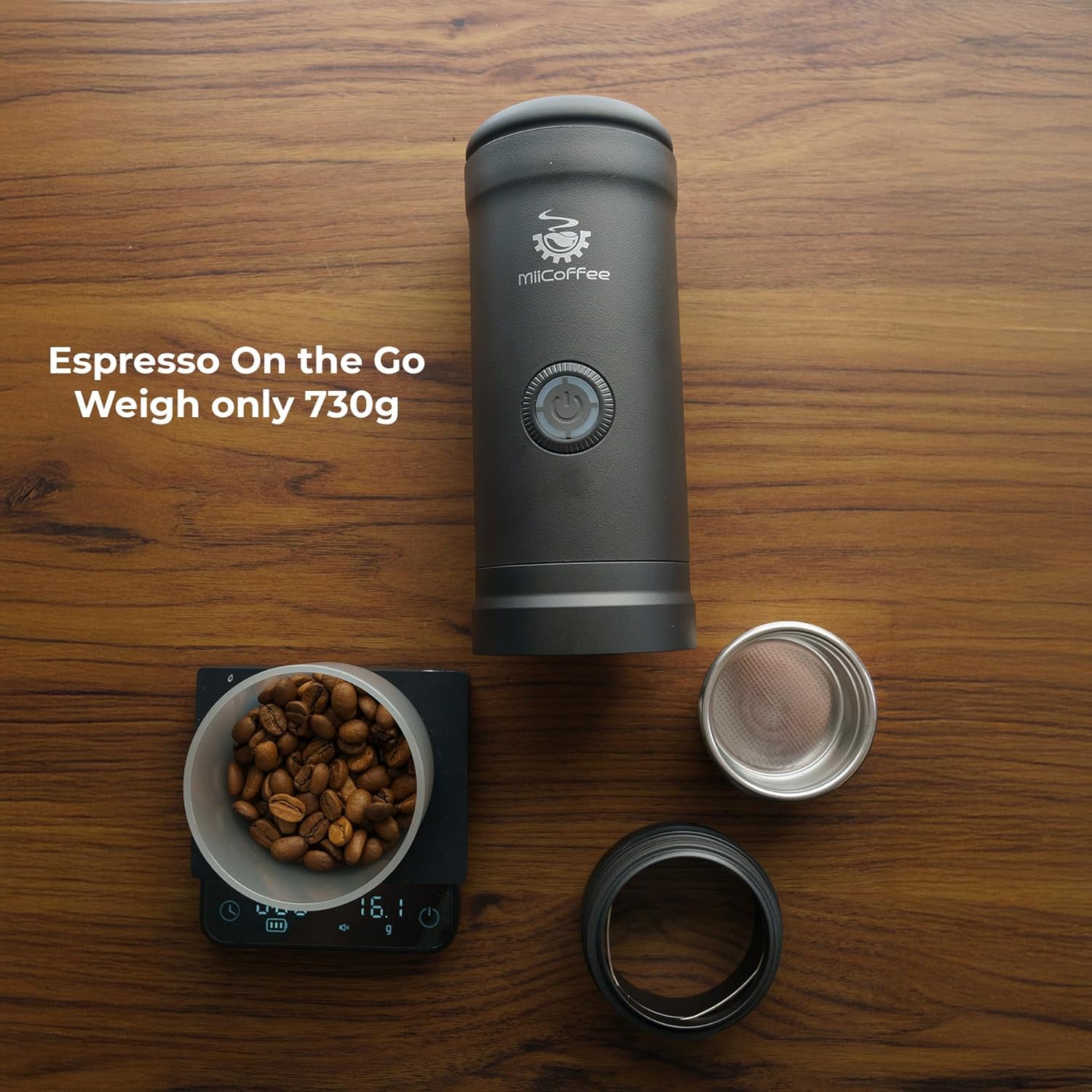 MiiCoffee Eon Tragbare Espressomaschine, Reisekaffeemaschine mit Selbsterhitzung und USB-C-Aufladung (Grau)