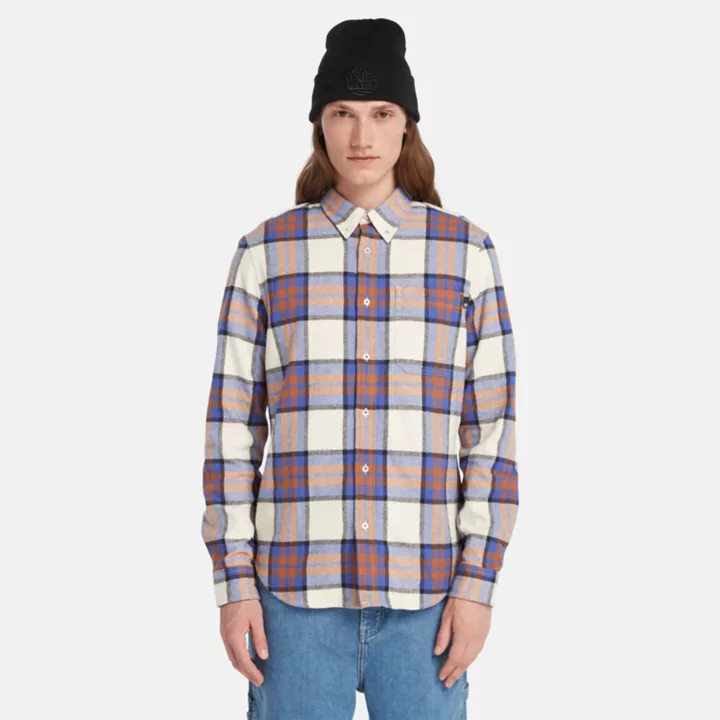 Camisa de flanela xadrez masculina em azul/branco/laranja