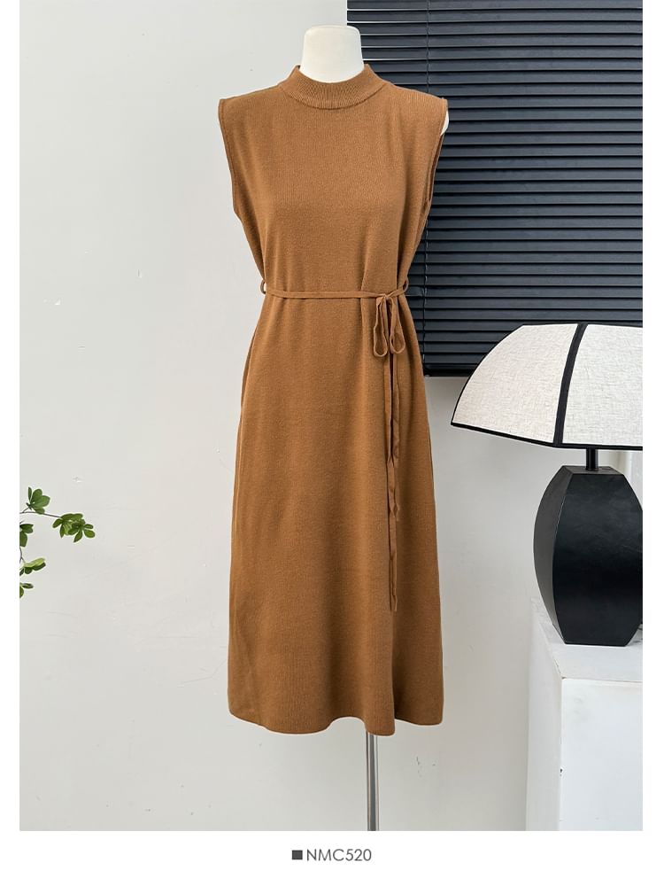 Lemongrass - Effen, losse midi-jurk met col en sjerp in 7 kleuren