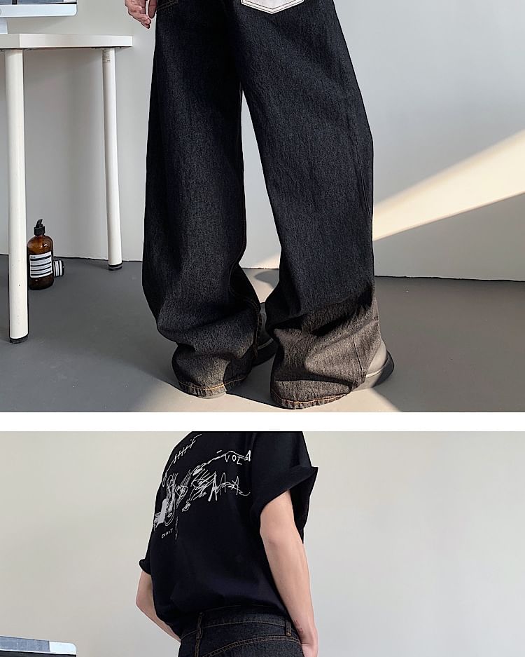Omozando - Mid Rise Lettering Geborduurde Wijde Jeans