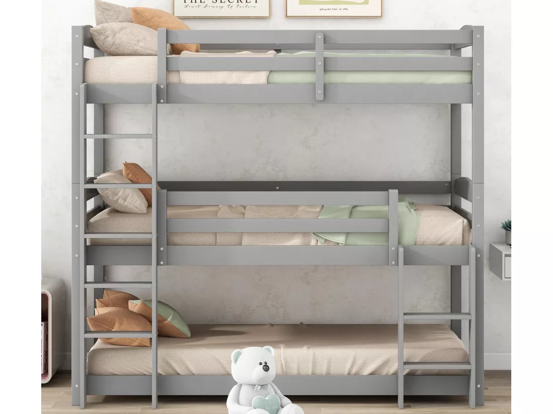 Lit superposé triple avec échelle et barrière de protection - 90x200cm - bois massif - Gris