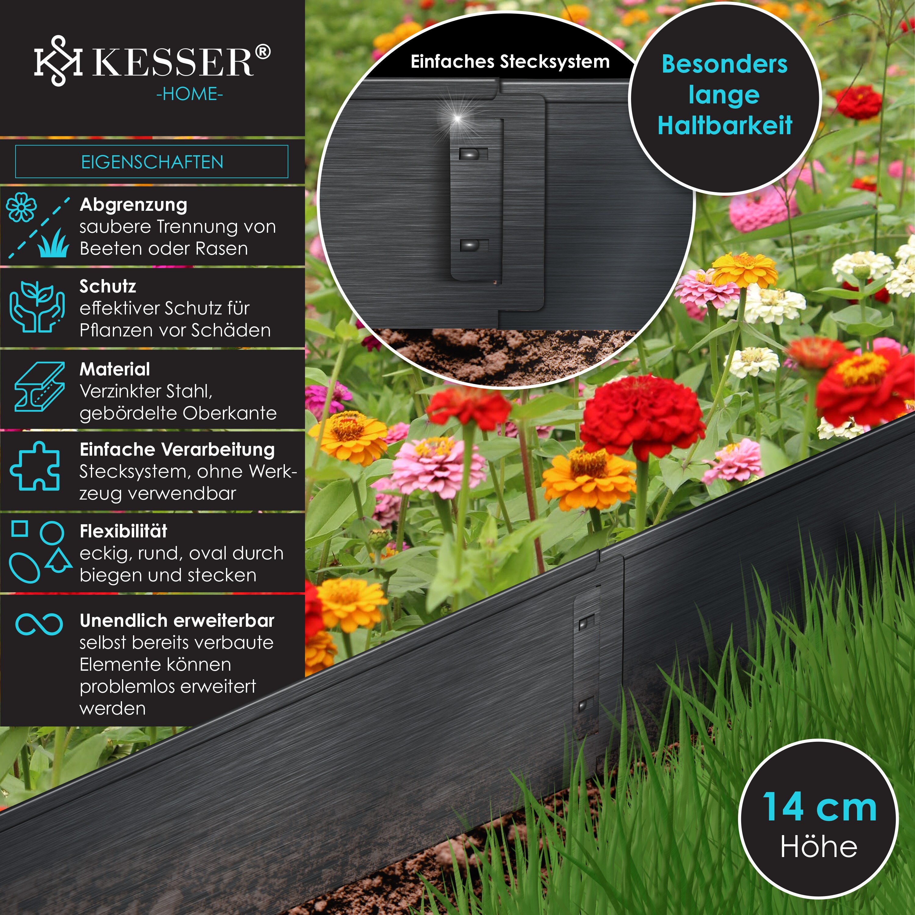 KESSER® Rasenkante Beeteinfassung Beetumrandung 5m 10m 15m 20m 25m 30m 35m 40m 45m 50m 100x14cm oder 100x18cm Beetbegrenzung Rasenbleche Mähkante Metall Palisade Beet Rasen. Inkl. Handschuhe
