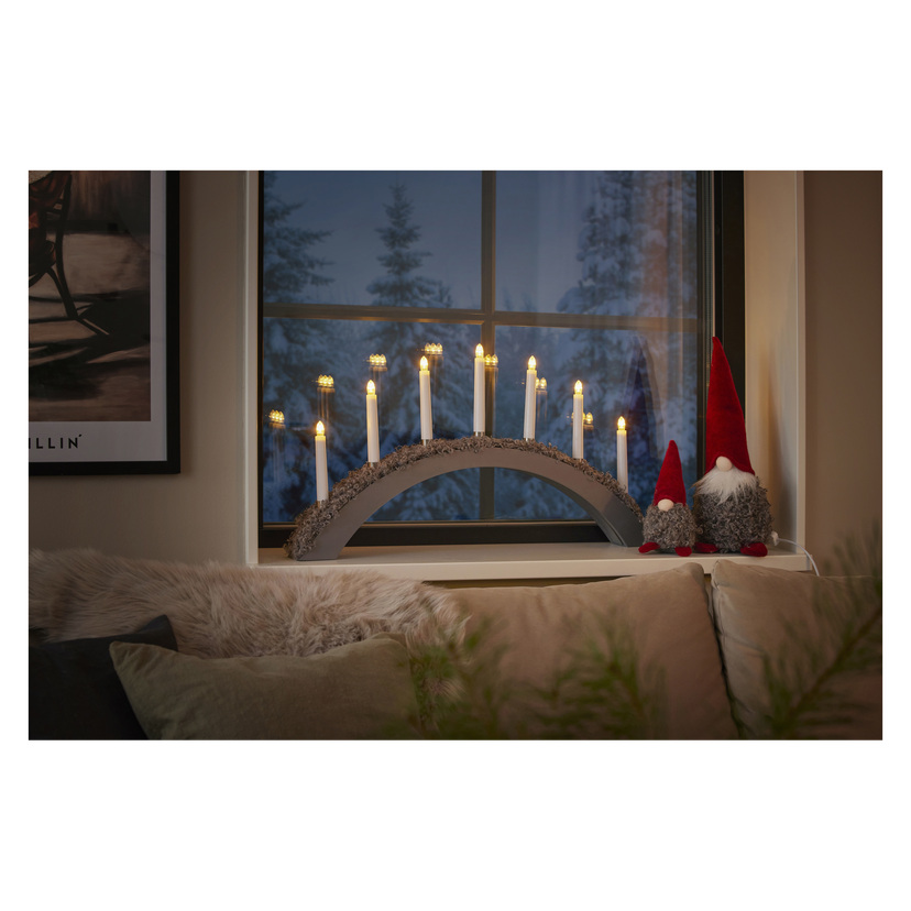 Grå adventslysestake med fuskepels LED 37 cm