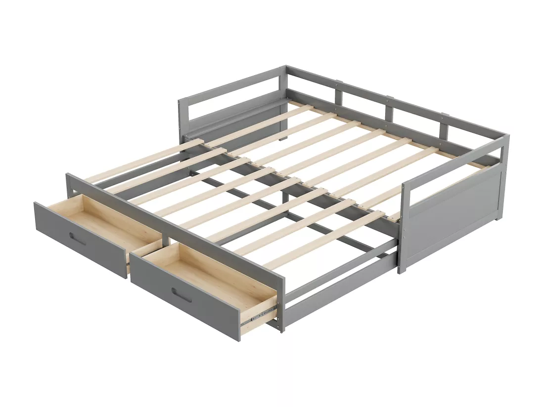 Lit gigogne 90 x 200 cm avec 2 tiroirs - Bois de pin - sommier à lattes - gris