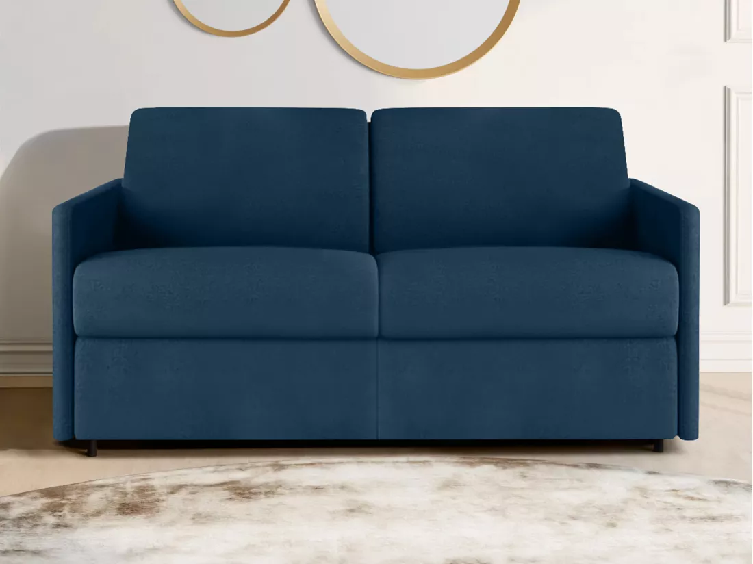 Canapé 2 places convertible express en tissu bleu foncé - Couchage 120 cm - Matelas 14 cm CALIFE
