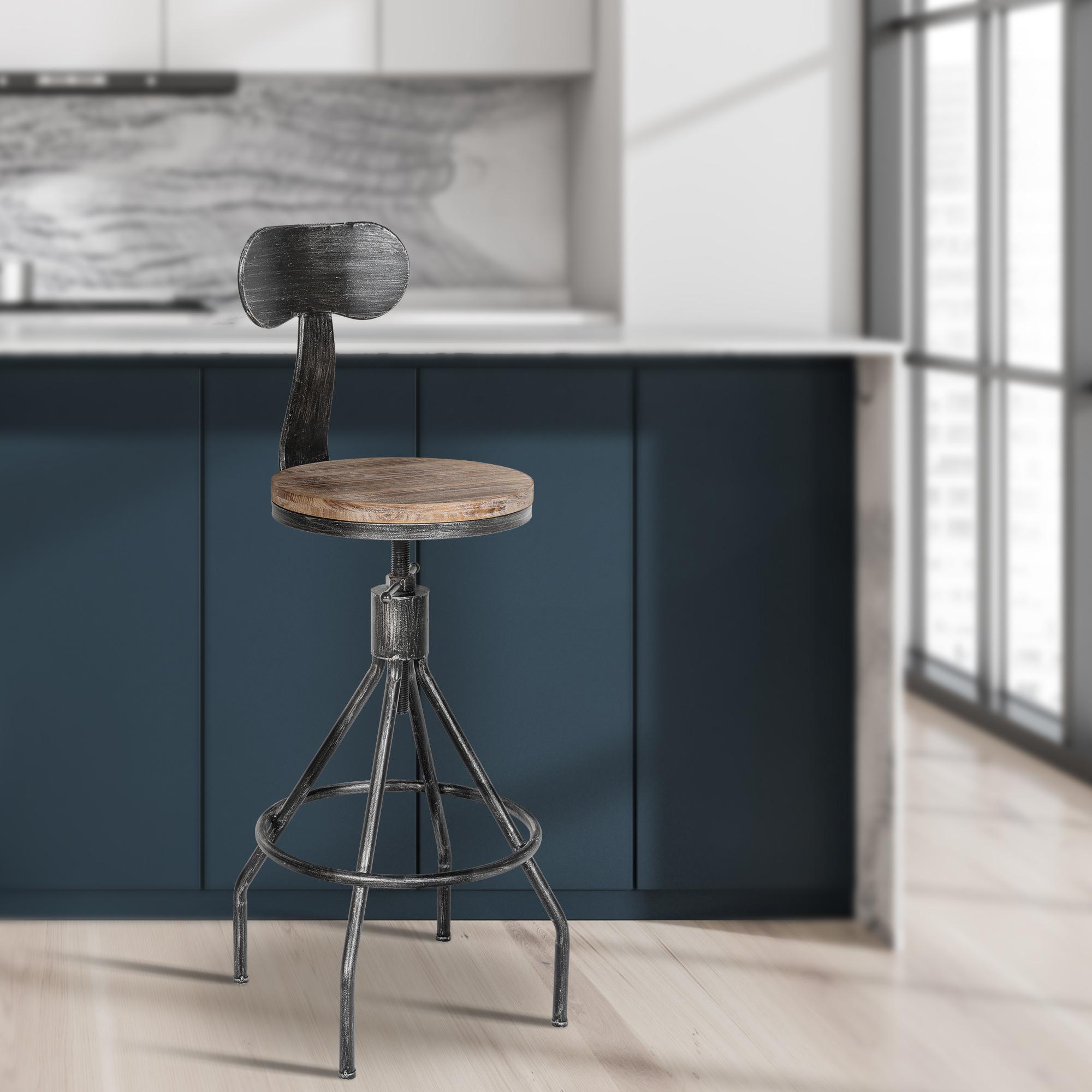 CLP Barhocker Hanam im Industrial-Look I Höhenverstellbarer Barhocker mit Holzsitz und Rückenlehne I Metallhocker mit Fußablage