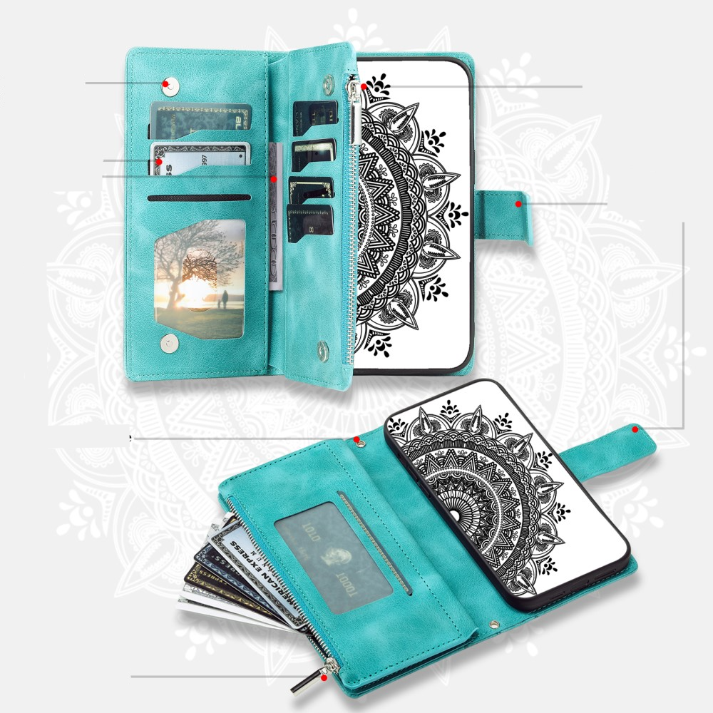 Samsung Galaxy A54 5G Leder Tasche Flip Cover mit Reissverschluss - Mandala Flowers Imprint - Türkis