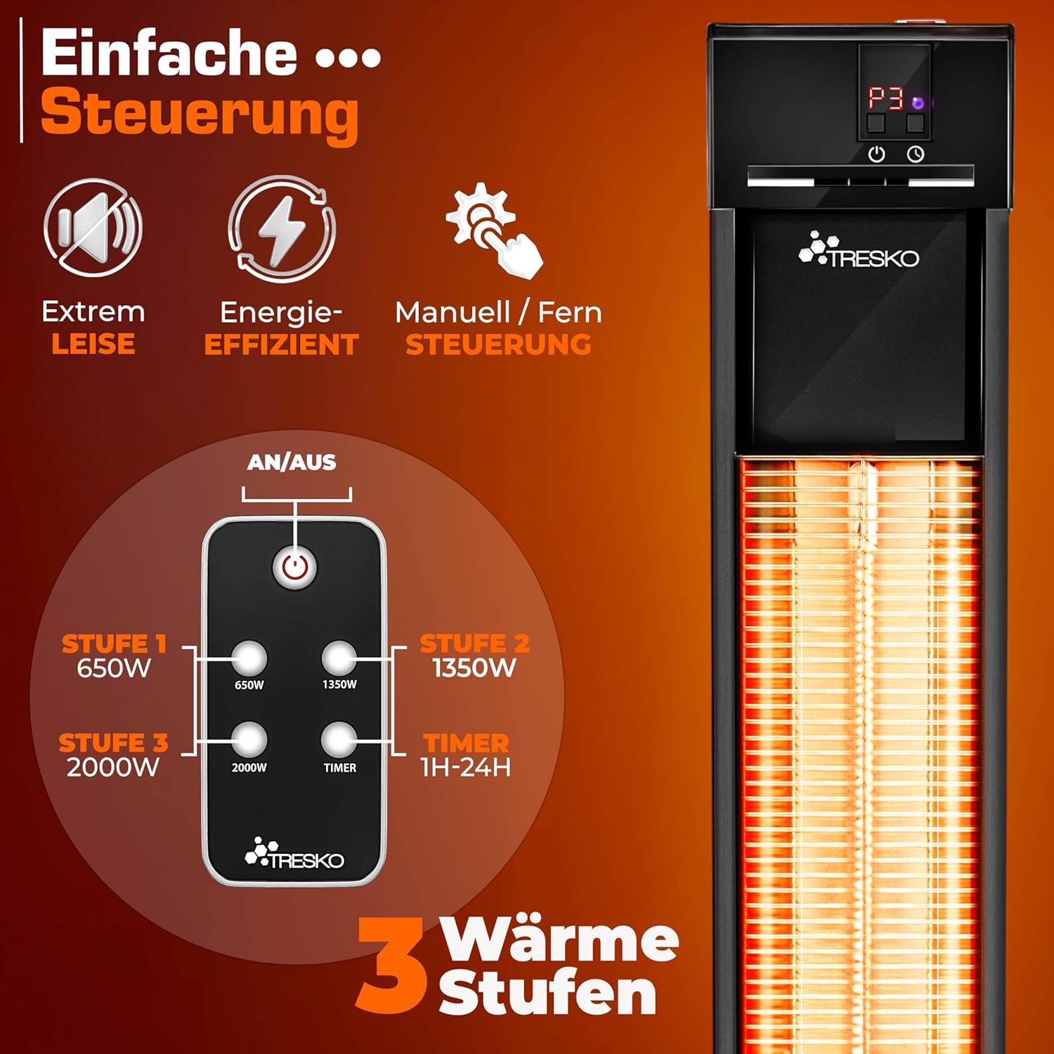 TRESKO Infrarot Stand-Heizstrahler 2000W mit Fernbedienung | Wärmestrahler Terrasse elektrisch mit 3 Heizstufen | Terrassenstrahler Innen & Außen | Infrarotstrahler mit LED-Anzeige