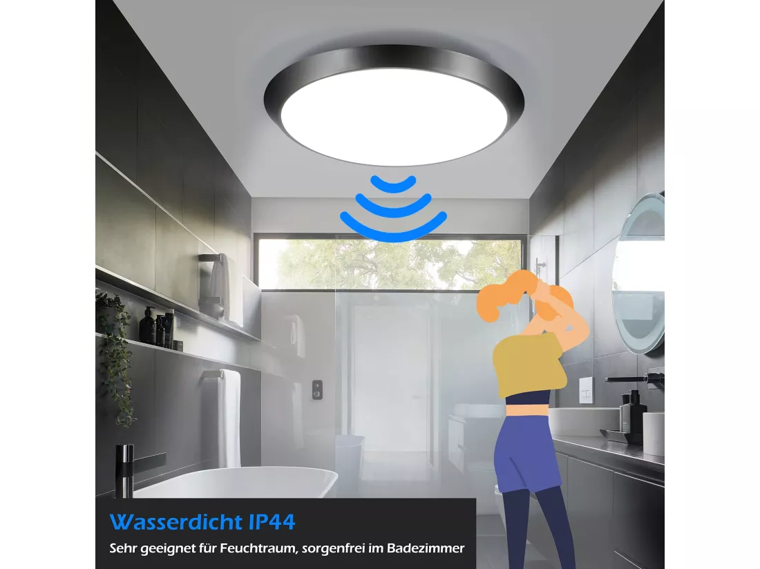 NETTLIFE Plafonnier LED avec détecteur de mouvement intérieur noir IP44 15 W Lampe de cave ronde avec détecteur de mouvement Ø 30 cm 4000 K