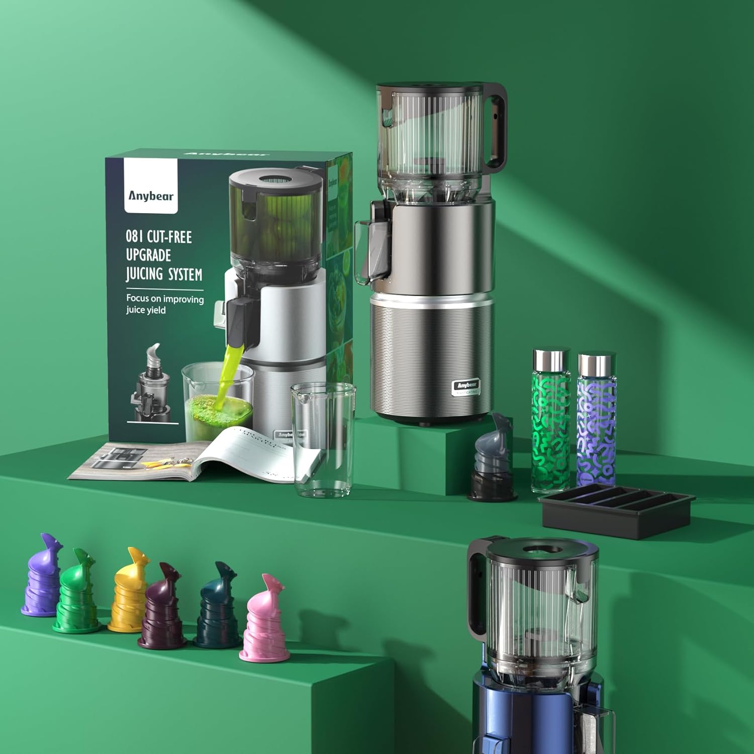 Anybear Entsafter mit 124 mm Einfüllschacht | 350W Slow Juicer mit Doppel-Zerkleinerungstechnologie für Ganze Früchte & Gemüse | Hohe Saftausbeute | BPA-freies Tritan-Material | Mit Saftrezepten(Grau)