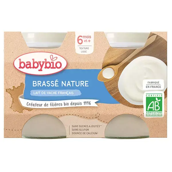 Sobremesas lácteas orgânicas Babybio, preparadas com leite de vaca natural, para bebês a partir de 6 meses, pacote com 2 unidades de 130g.