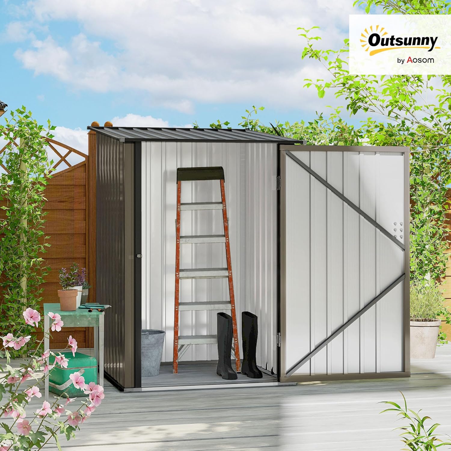 Outsunny Metall Gerätehaus 0,92 m² 100x103x160cm Geräteschuppen mit Pultdach Abschließbarer Tür Gartenhaus Outdoor Garten Schuppen Schrank für Hinterhof Außenbereich Braun
