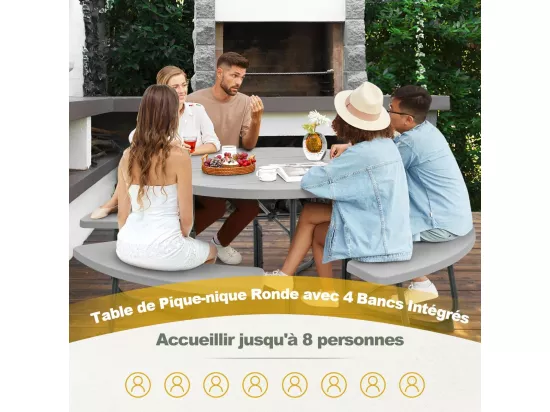 Ensemble Table de Pique-Nique avec 4 Bancs Intégrés, Ensemble de Jardin Table de Pique-Nique Circulaire 135KG Trou pour Parasol, pour Jardin Piscine, 190 x 76 cm,Gris
