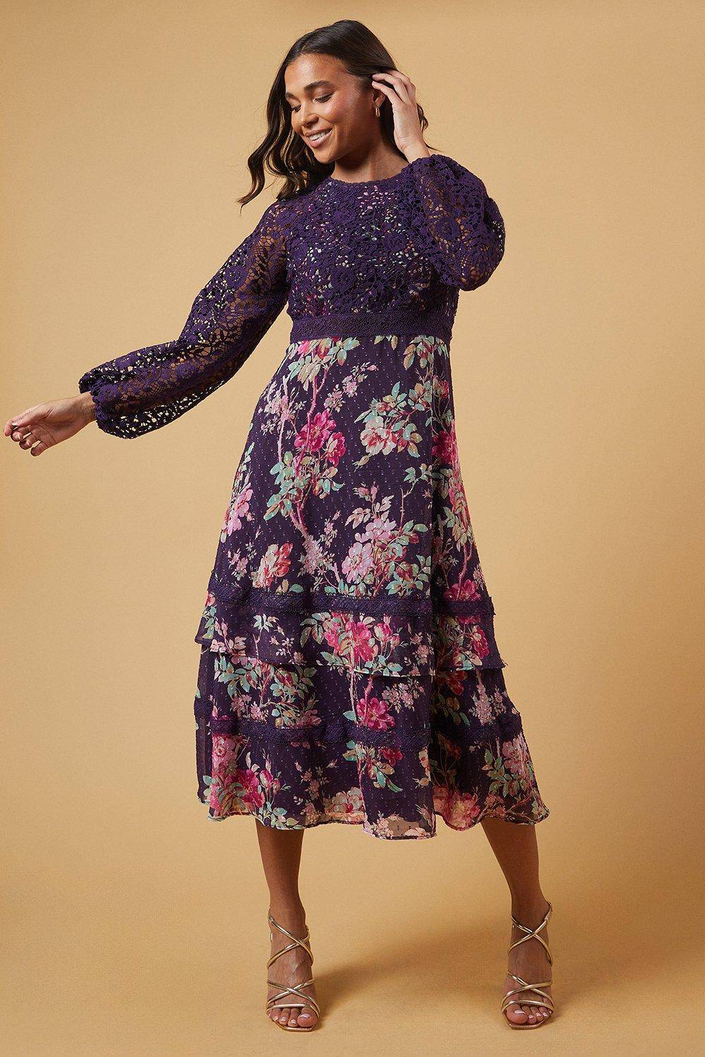 Oasis Robe Midi à Corsage en Dentelle Florale Petite Occasion
