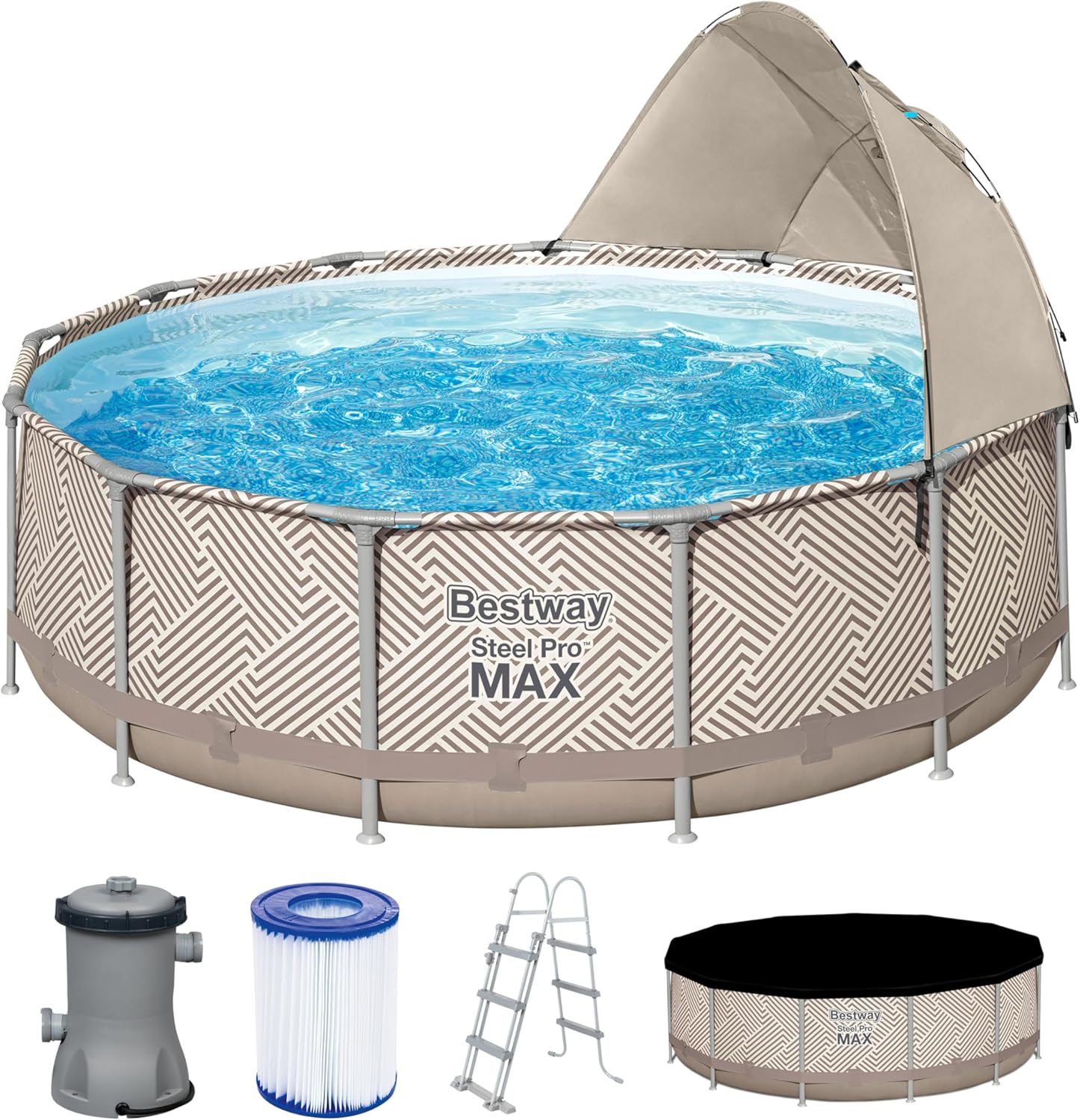 Bestway Steel Pro MAX Frame Pool Komplett-Set mit Filterpumpe Ø 396 x 107 cm, Op Art-Design, rund