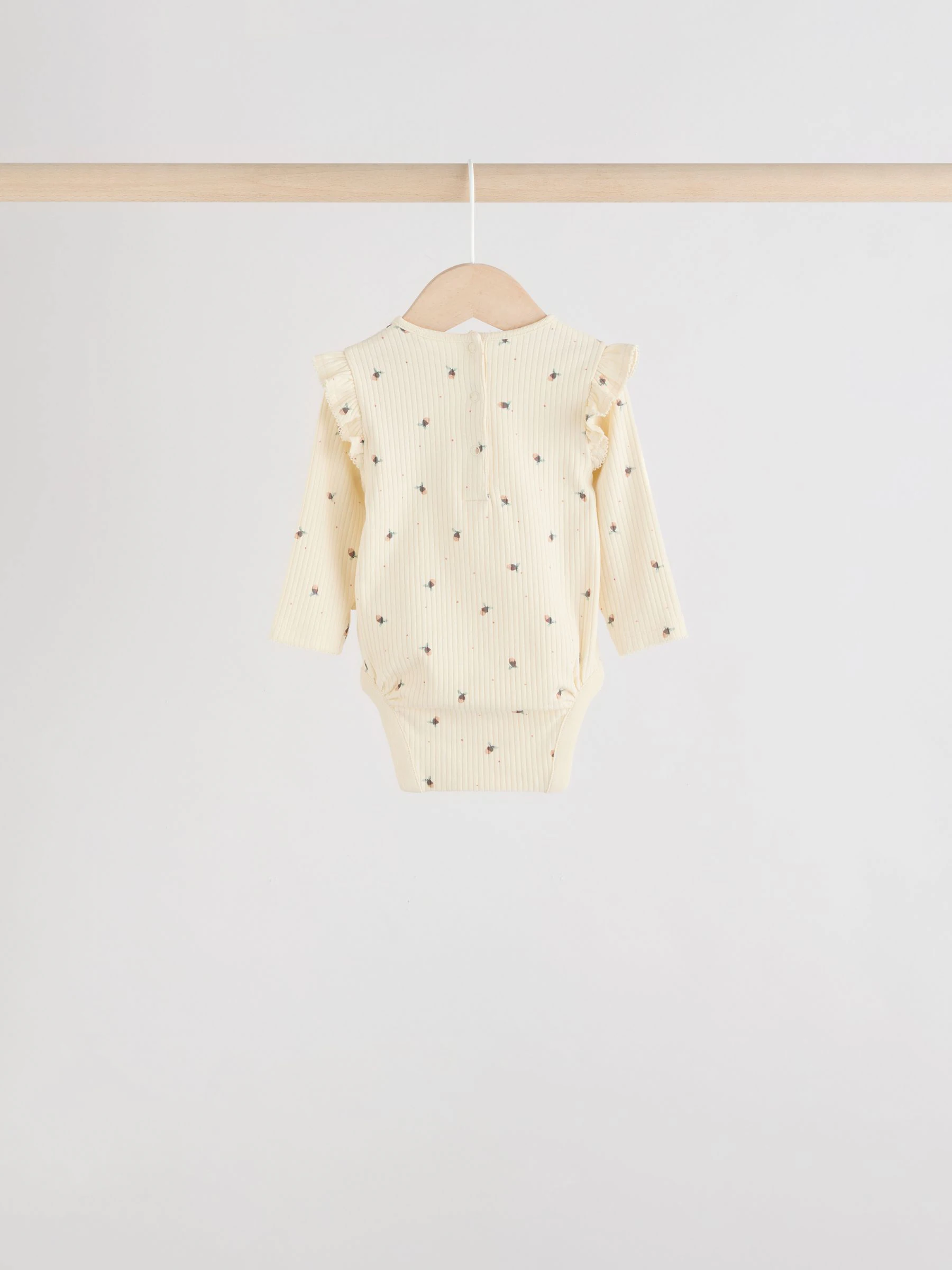 Blauw/crème/koraal Ditsy - Verpakking van 4 babyrompers met lange mouwen en ruches (0mnd-2jr)
