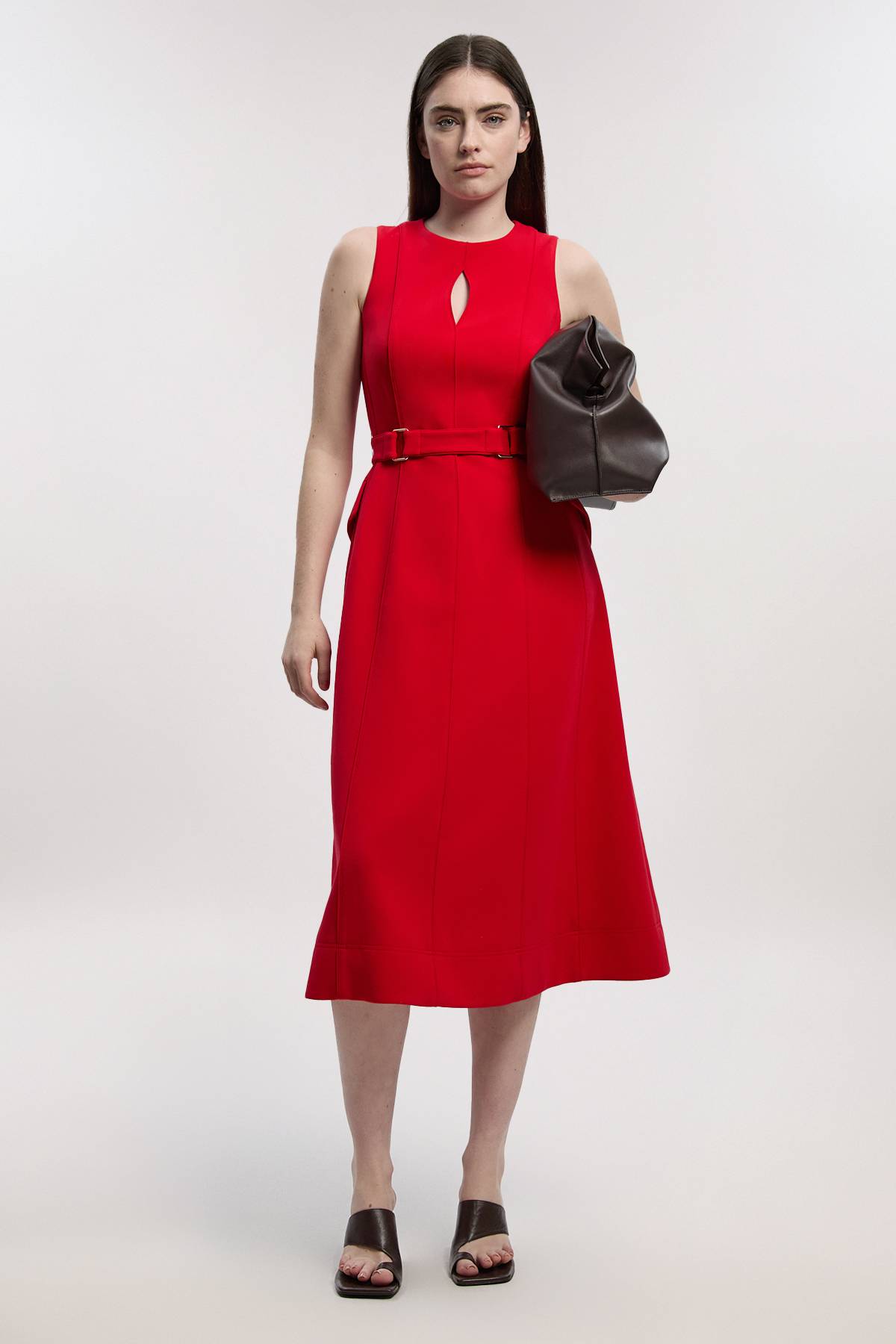 KarenMillen Robe Midi Évasée à Coutures avec Ceinture en Tissu Stretch Compact