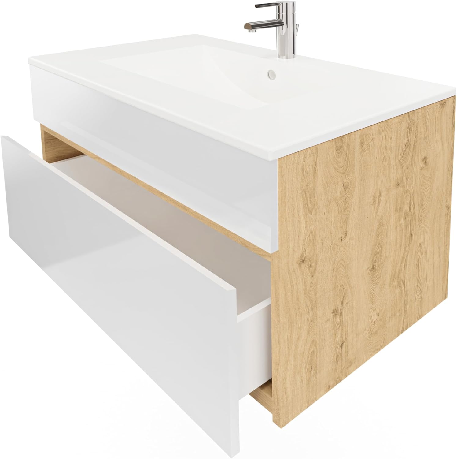 Stella Waschtischunterschrank – Hängend | Eiche Artisan | Weiß Hochglanz | 81,2 × 46,5 × 50 cm | Moderner Waschbeckenunterschrank mit Keramikwaschbecken | Waschbecken mit Unterschrank