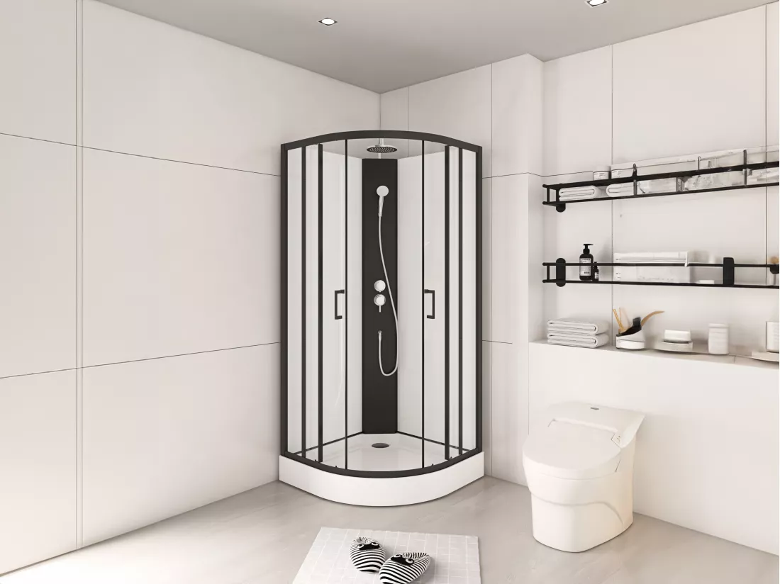 Cabine de douche quart de cercle - Hauteur ajustable - L90 x l90 x H200/220 cm - Noir et blanc - ROVATA