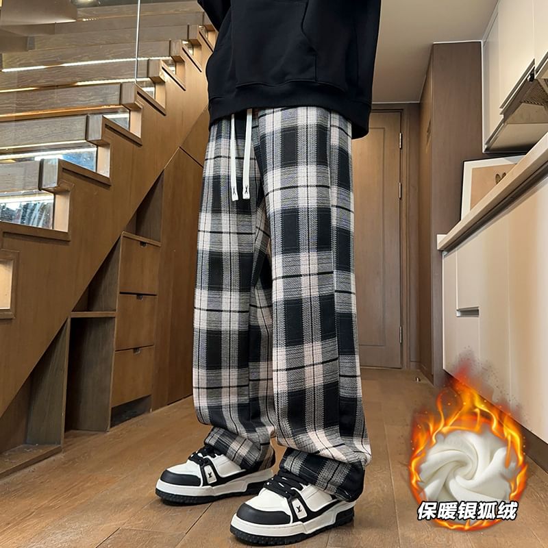 Obikan - Geruite rechte broek met trekkoordtaille