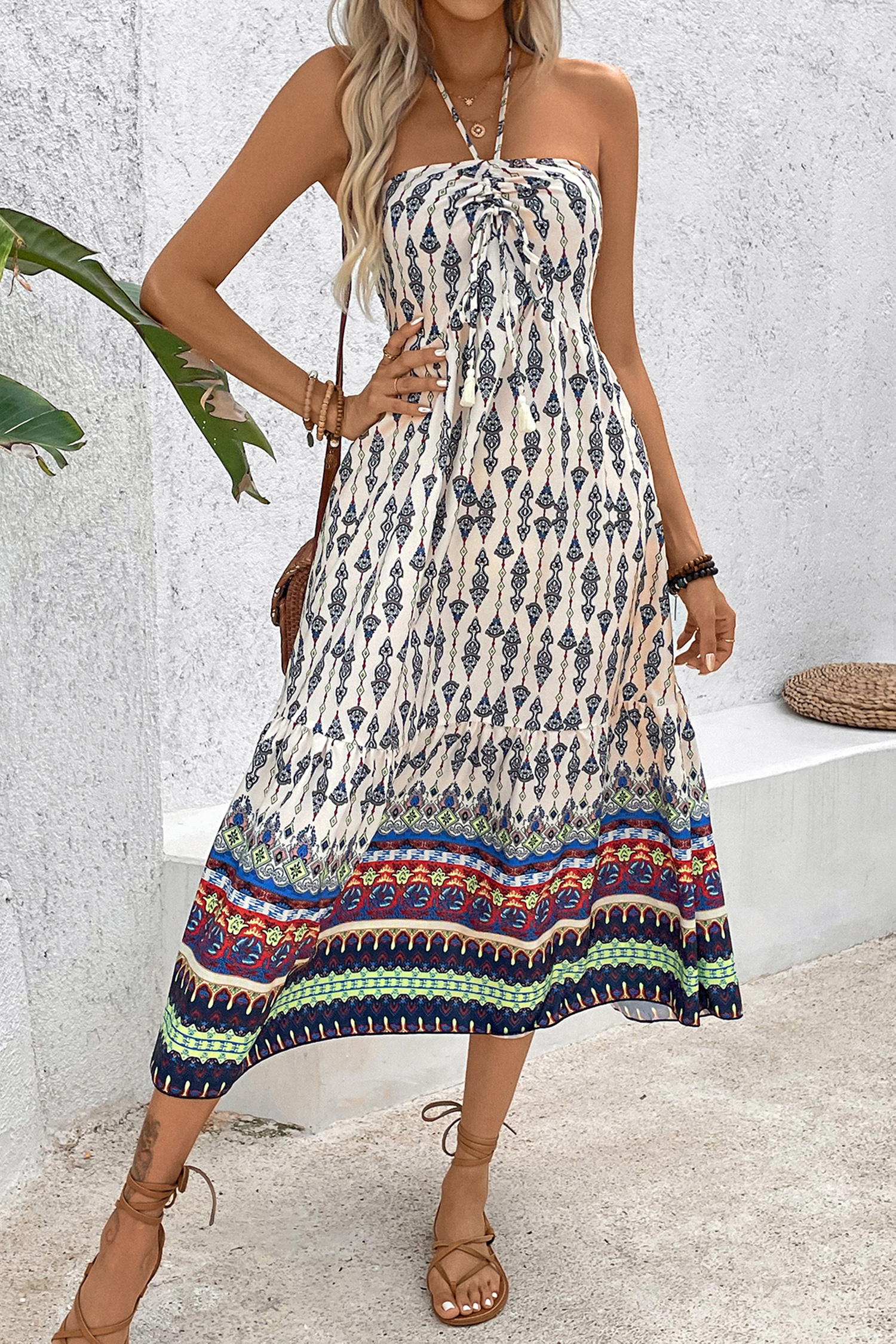 Robe midi sans bretelles à col en cœur boho