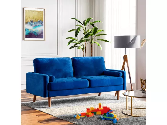 Canapé droit en Velours bleu et bois massif - 3 places - charge max 300kg - 176x78x85cm