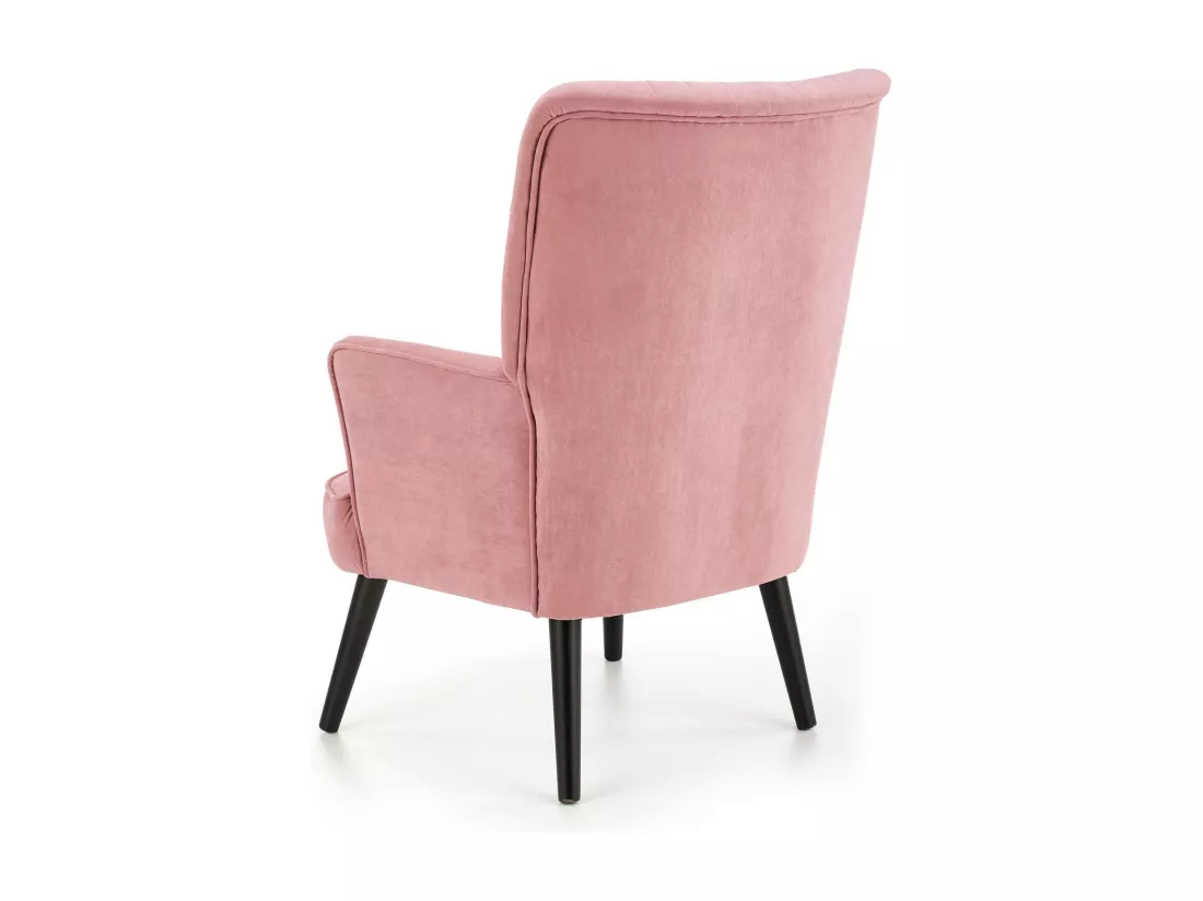 Fauteuil contemporain en velours rose avec haut dossier et pieds noirs en bois massif CYRUS