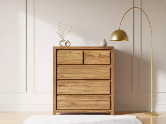 Commode 5 tiroirs en bois de teck - Coloris : Naturel - ALEMIA