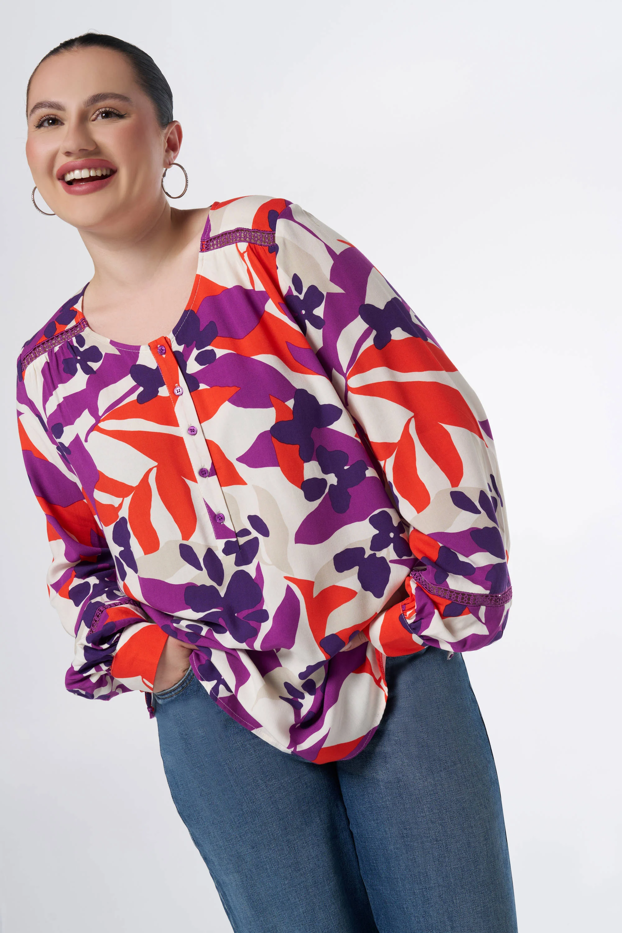 MS Mode blouse met bladprint paars/wit/oranje
